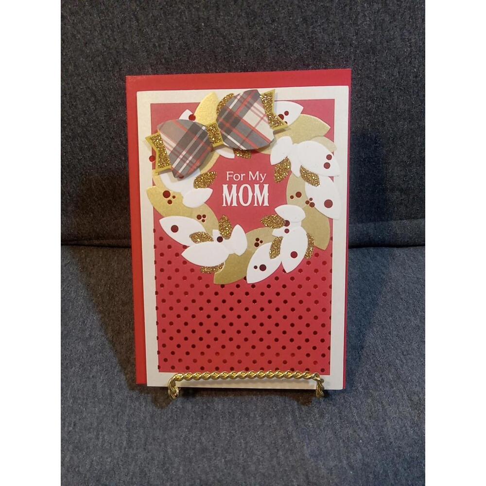Hallmark Card Red White Gold To MOM "For My Mom" Bow Glitter Wreath